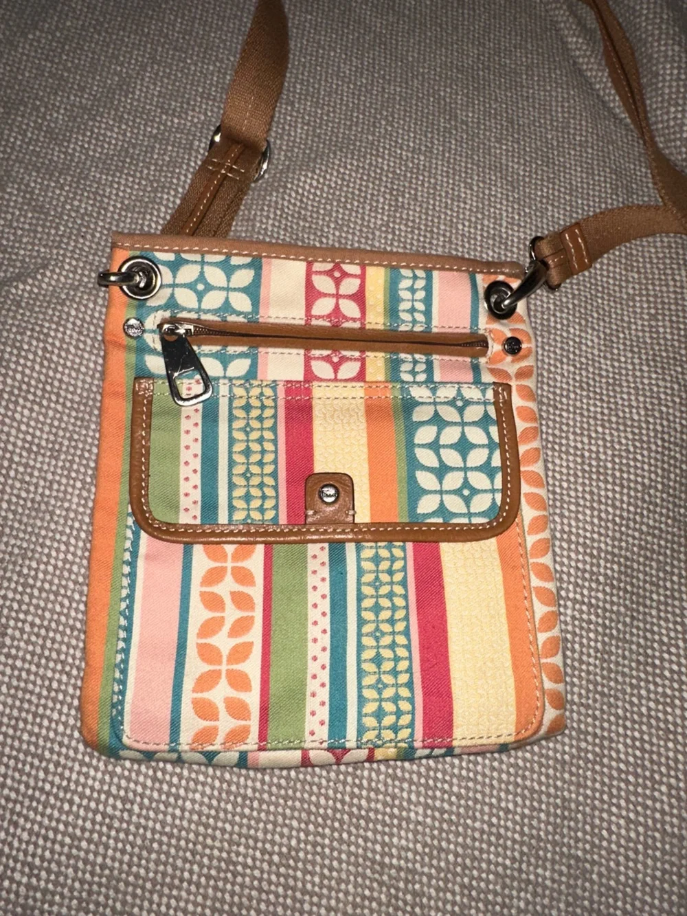 Striped Multi-Color Crossbody Bag with Tan Trim